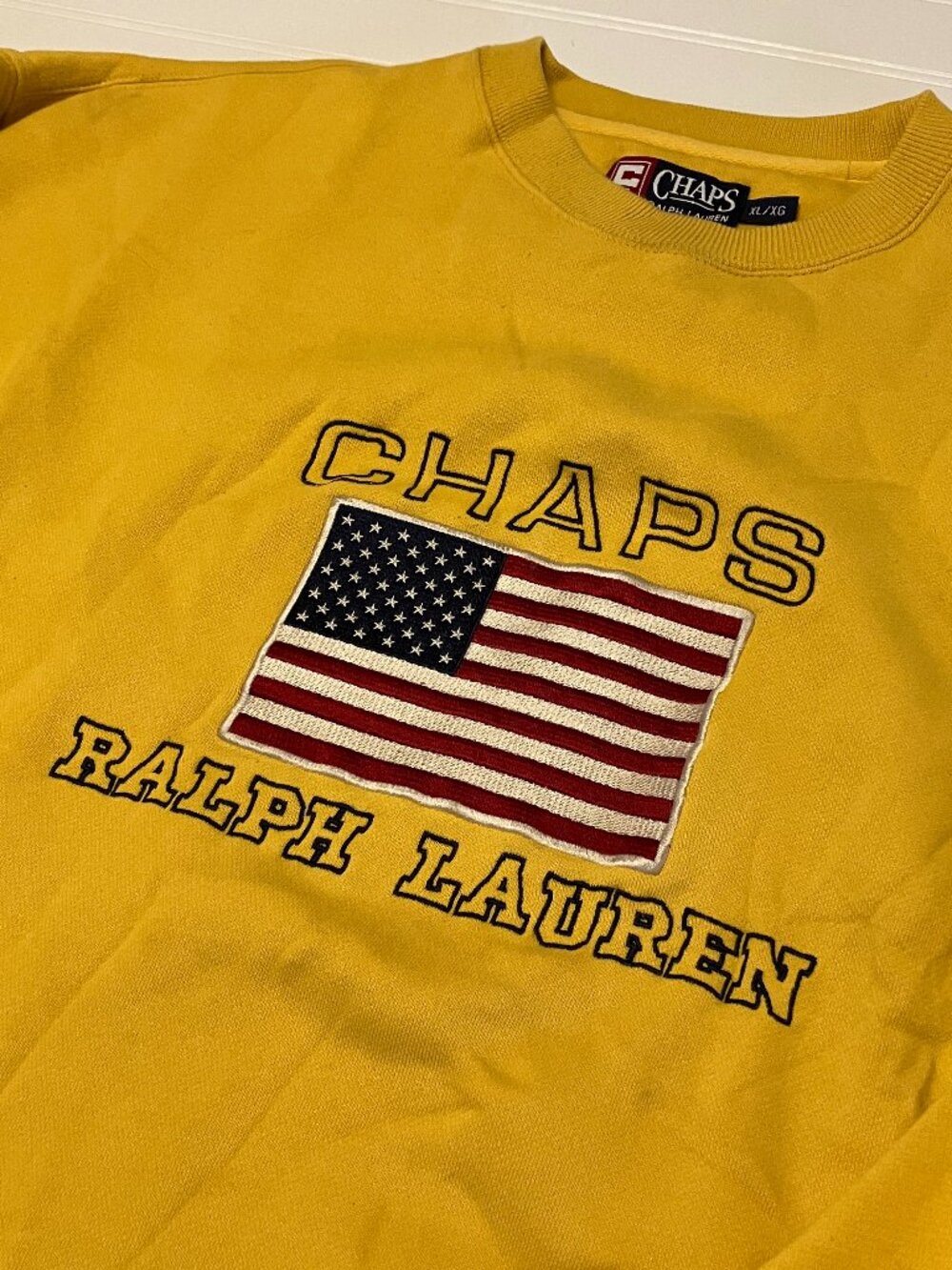 Vtg Chaps Ralph Lauren American Flag Embroidered Crewneck Sweatshirt Yellow XL